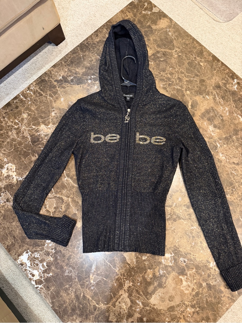bebe Black Metallic Logo Zip Hoodie